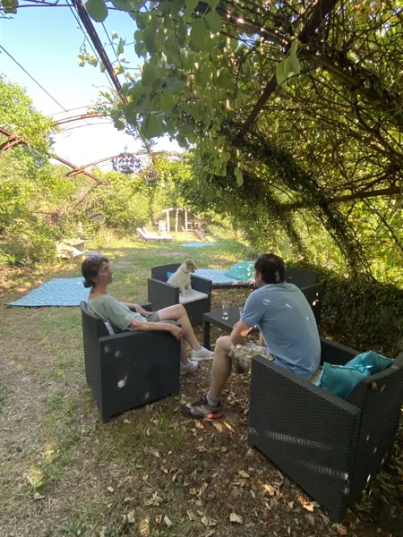 A l’ombre du kiwi et de la glycine, sous l’ancienne serre, profitez d’un espace salon, bar et transats
