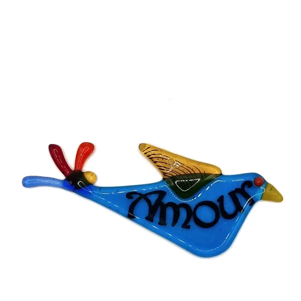 Verre fusionné fait main "oiseau fou de l'Aveyron" disponible dans d'autres coloris et par la poste.