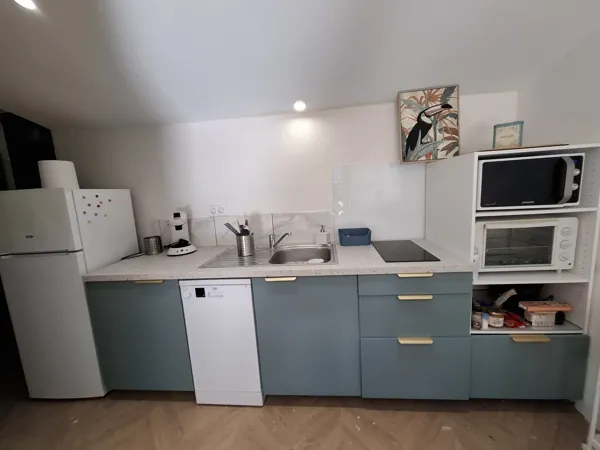 La cuisine : plaque vitrocéramique deux feux, micro-ondes, mini four, lave vaisselle 10 couverts, réfrigérateur avec partie congélateur.